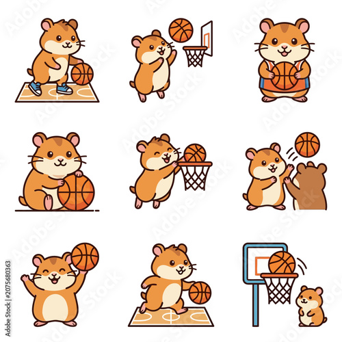 A collection of cute cartoon hamsters playing basketball in various poses