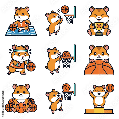 A collection of cute cartoon hamsters playing basketball in various poses