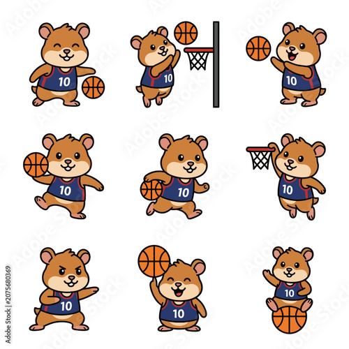 A collection of cute cartoon hamsters playing basketball in various poses