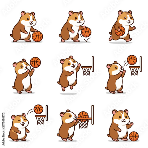 A collection of cute cartoon hamsters playing basketball in various poses