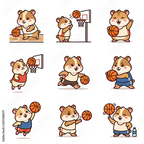 A collection of cute cartoon hamsters playing basketball in various poses