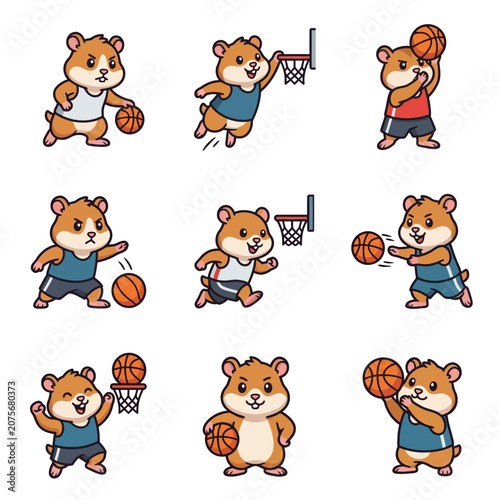 A collection of cute cartoon hamsters playing basketball in various dynamic poses