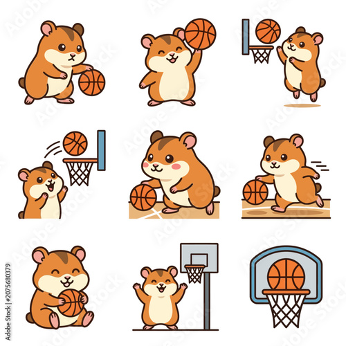 A collection of cute cartoon hamsters playing basketball in various dynamic poses