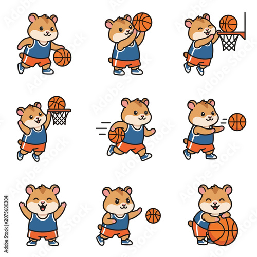 A collection of cute cartoon hamsters playing basketball in various dynamic poses