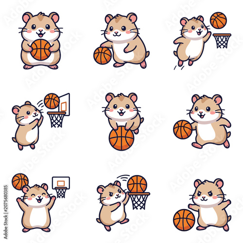 A collection of cute cartoon hamsters playing basketball in various poses