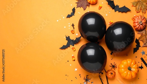 Halloween arrangement with bats, balloons, pumpkins, spiders, and festive orange spooky background
