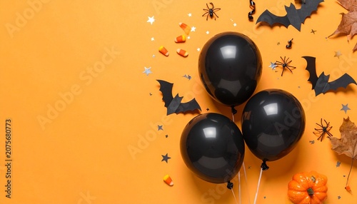 Halloween arrangement with bats, balloons, pumpkins, spiders, and festive orange spooky background