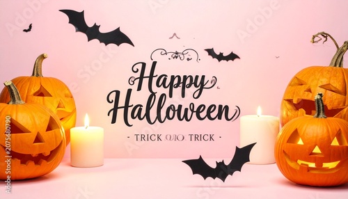 Happy Halloween design with carved pumpkins, bats, candles, and festive pink spooky background