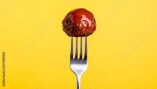Meatball with Red Sauce on a Fork Against Bright Yellow Background