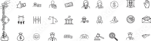 Tableau sur toile Corruption line icon set with editable stroke for law, ethics, fraud, bribery and legal compliance use