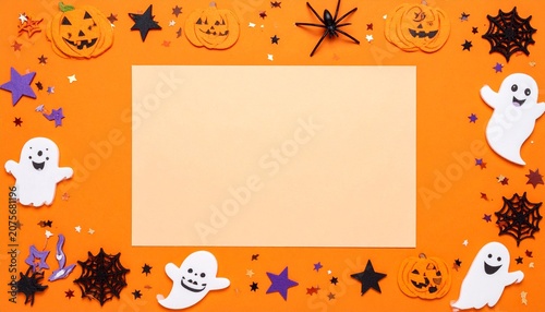 Halloween border with ghosts, bats, spiders, and glowing pumpkins on festive orange background
