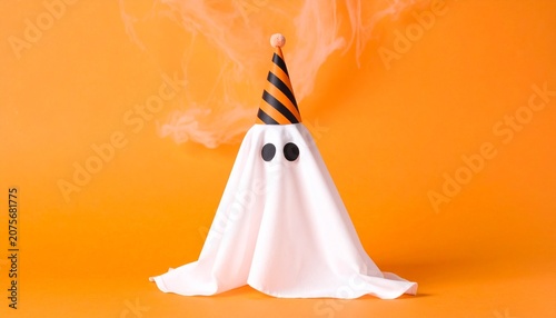 Halloween Ghost Sheet Party Hat Orange Background Spooky Atmosphere