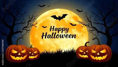 Halloween Pumpkins Moon Bats Trees Happy Halloween Festive Atmosphere