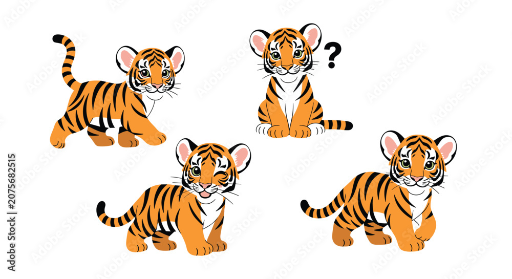 Fototapeta premium Set of four cute tiger cub characters in different poses like walking sitting and winking for educational children materials.