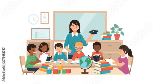 Friendly female teacher guides a group of diverse students through their lessons in a modern classroom equipped with various school supplies.