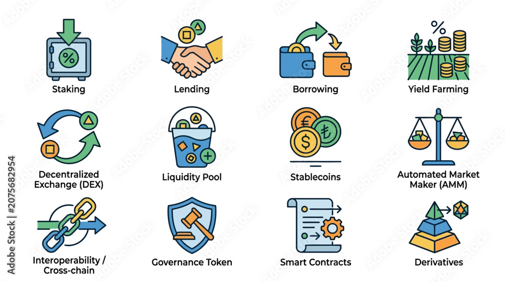 Fototapeta premium A collection of colorful digital finance and decentralized technology icons
