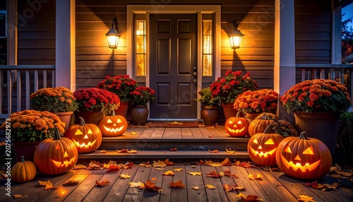 Halloween Porch Pumpkins Chrysanthemums Autumn Leaves Festive Atmosphere