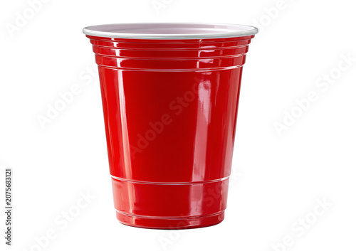 Red ridged disposable plastic drinking cup with white interior isolated on white background red cup plastic cup