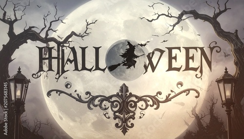 Halloween Witch Moon Bats Trees Lanterns Spooky Atmosphere Concept