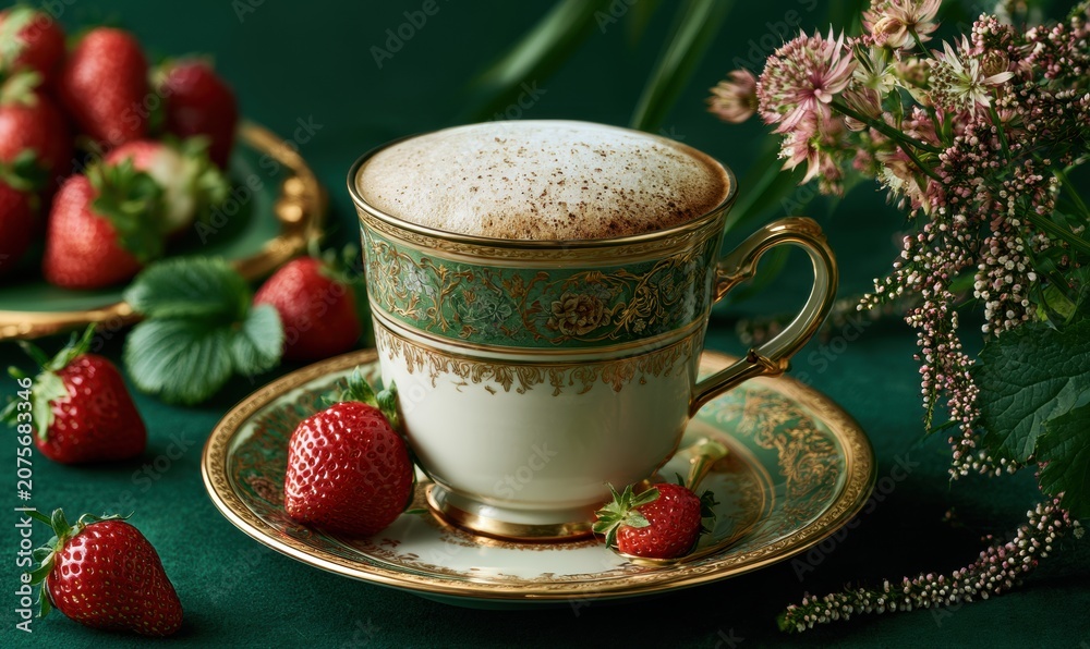 Fototapeta premium Elegant tea cup with foam, surrounded by strawberries and flowers