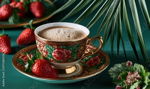 Elegant teacup with floral design, filled with hot drink