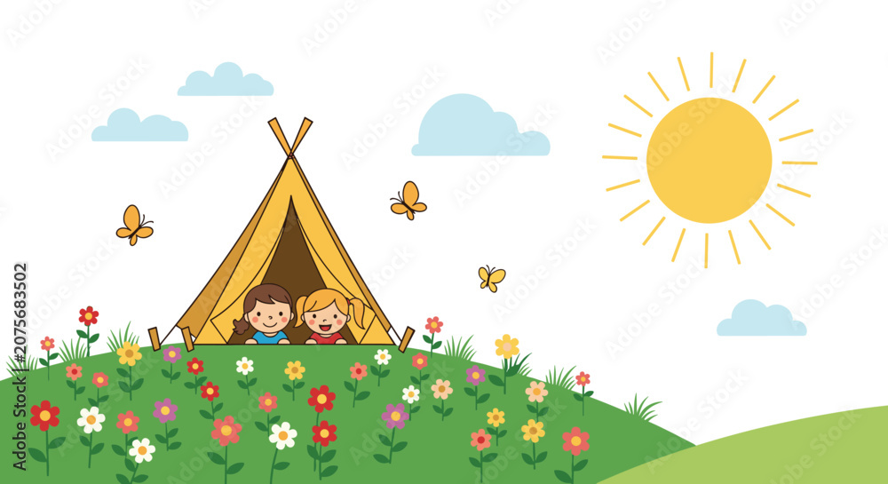 Obraz premium Two young girls peeking out from a yellow teepee tent set on a beautiful green flowery hill under a bright sun for a summer camping trip.