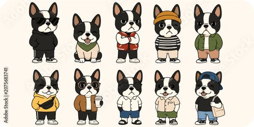 Quadro su tela Cute French Bulldog Characters Collection in Different Casual Outfits Flat Vecto