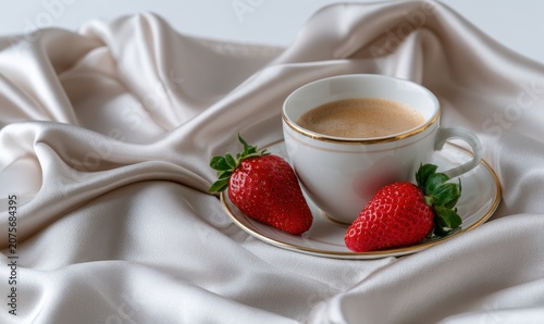 Cup of coffee with fresh strawberries on soft cream-colored silk