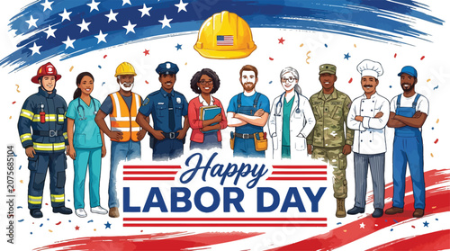 Canvas Print Happy labor day diverse group of american workers celebrating national holiday