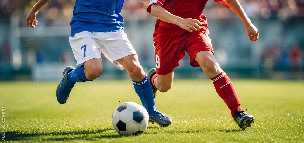 Naklejka premium Two Young Soccer Players Competing for the Ball in Football Match, Dynamic Sports Action Close Up