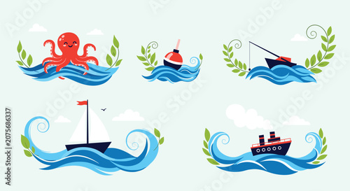 Beautiful collection of maritime flat illustrations featuring an octopus, a sailboat, a steamship, and a buoy in waves.