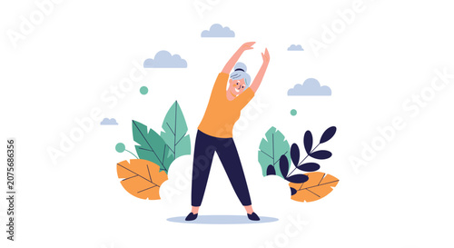 Active senior woman happily doing morning stretching exercises outdoors with plants and clouds in the background.