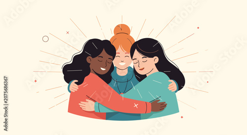 Three multiethnic young women embracing and hugging each other as a symbol of diverse female friendship and support.