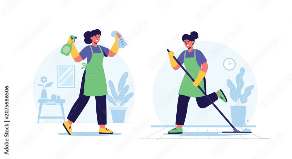 Fototapeta premium Energetic women performing household chores by spraying glass cleaner and mopping the floor in a clean room.