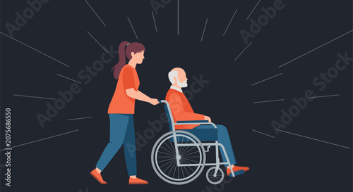 Kind female nurse pushing a senior man in a wheelchair with shining rays of hope on a dark background.