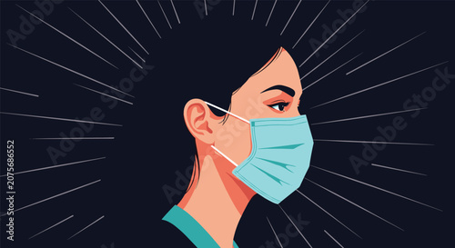 Side view portrait of a young woman wearing a protective medical face mask against a dark glowing background.