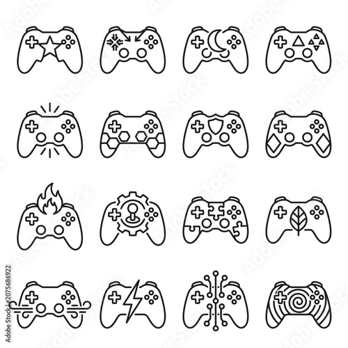 A collection of sixteen unique line art icons representing various video game controller concepts
