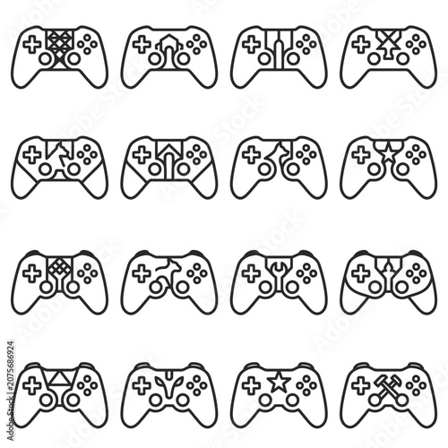 A collection of sixteen unique video game controller icons arranged in a grid pattern