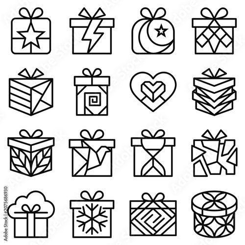 A collection of sixteen unique gift box icons with various decorative patterns and shapes