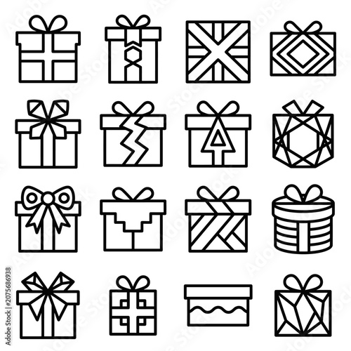 A collection of various gift box icons arranged in a grid pattern