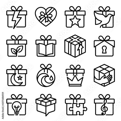 A collection of sixteen unique gift box icons with various symbols