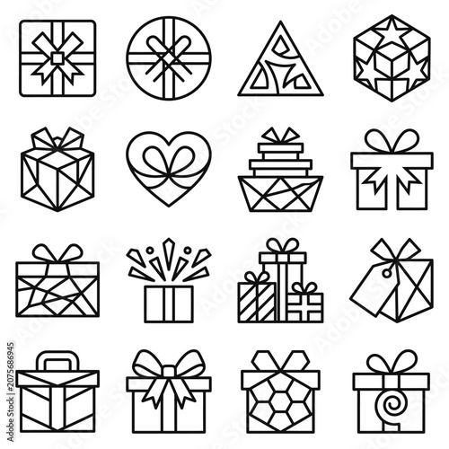 A collection of various gift box icons presented in a clean black and white line art style