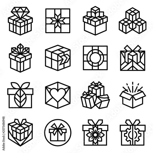 A collection of various gift box icons presented in a clean black and white line art style