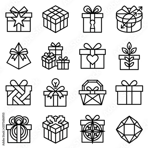 A collection of various gift box icons presented in a clean black and white line art style
