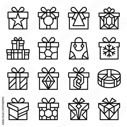 A collection of sixteen black and white line art icons representing various gift boxes