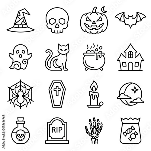 A collection of various spooky holiday themed line art icons