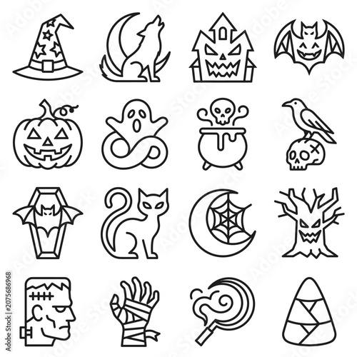 A collection of various spooky holiday icons arranged in a grid