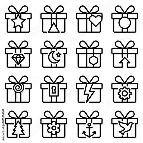 A collection of sixteen linear gift box icons with various decorative symbols