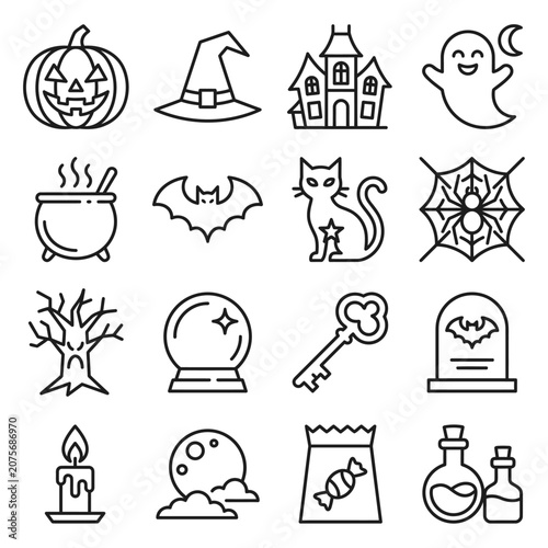 A collection of various spooky holiday icons arranged in a grid pattern