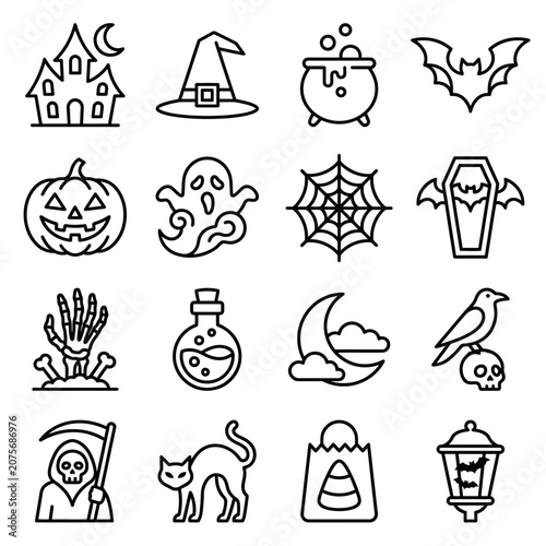 A collection of various spooky holiday themed line art icons arranged in a grid pattern